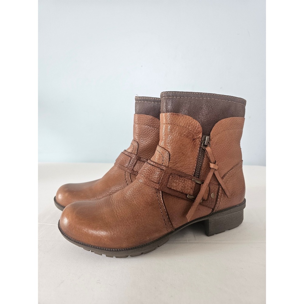 Boho Rustic Clarks Leather Ankle Boots Womens 8M Tan Brown Buckle Tassel 67220